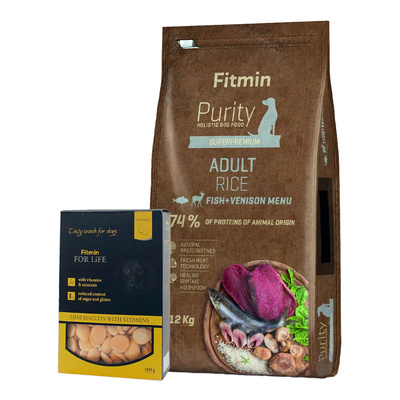 FITMIN Purity Adult Fish, Venison & rice 12kg +  FITMIN DOG Biscuits mini 180g