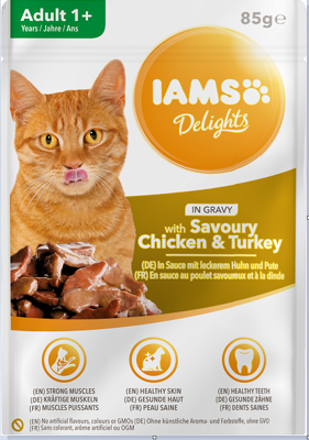 IAMS-Naturally krmivo pro dospělé kočky, s aromatickým kuřecím a krůtím masem v omáčce 24x85g